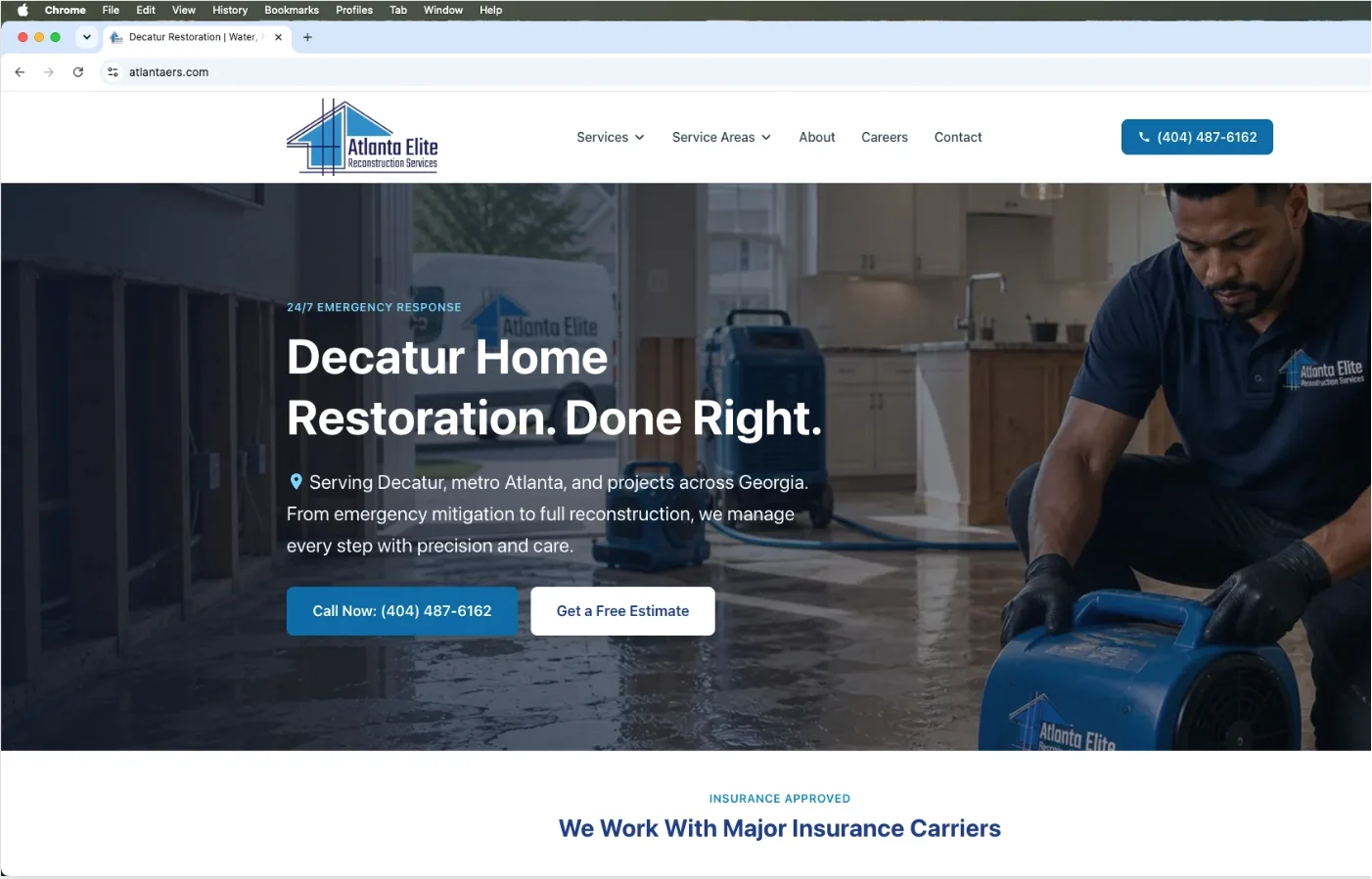 Atlanta Elite Reconstruction Services website desktop view showing water damage and fire restoration services in Decatur Georgia