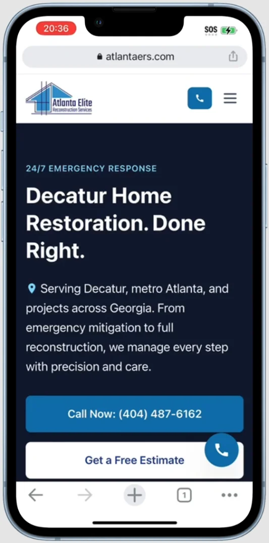 Atlanta Elite Reconstruction Services website on iPhone showing mobile responsive design