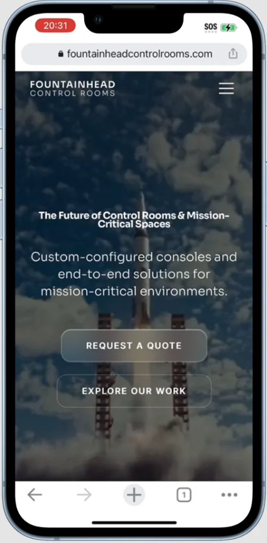Fountainhead Control Rooms website on iPhone showing mobile responsive design